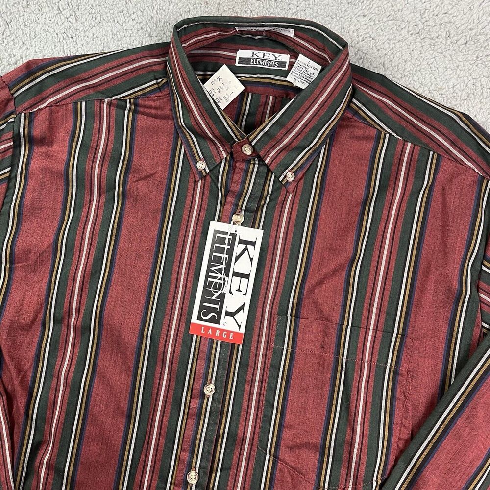 Vintage Key Elements 90's Button Shirt Red Green Blue Striped Long Sleeve Lg NOS